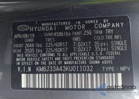 2019 Hyundai Tucson Value z USA, uszkodzony, nr VIN KM8J33A43KU011032